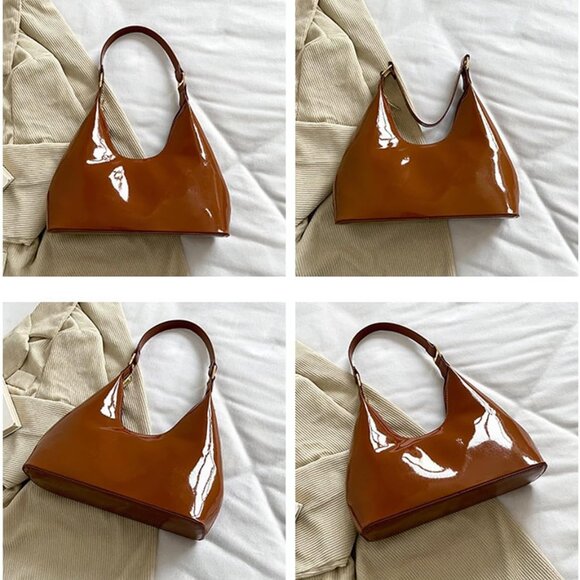 Patent Leather Hobo Bag Small Tote Satchel Purse Zipper Closure - Picture 2 of 9